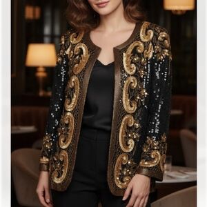 Vintage Creative Creations Black & Gold Scroll Sequin Evening Cocktail Jacket M